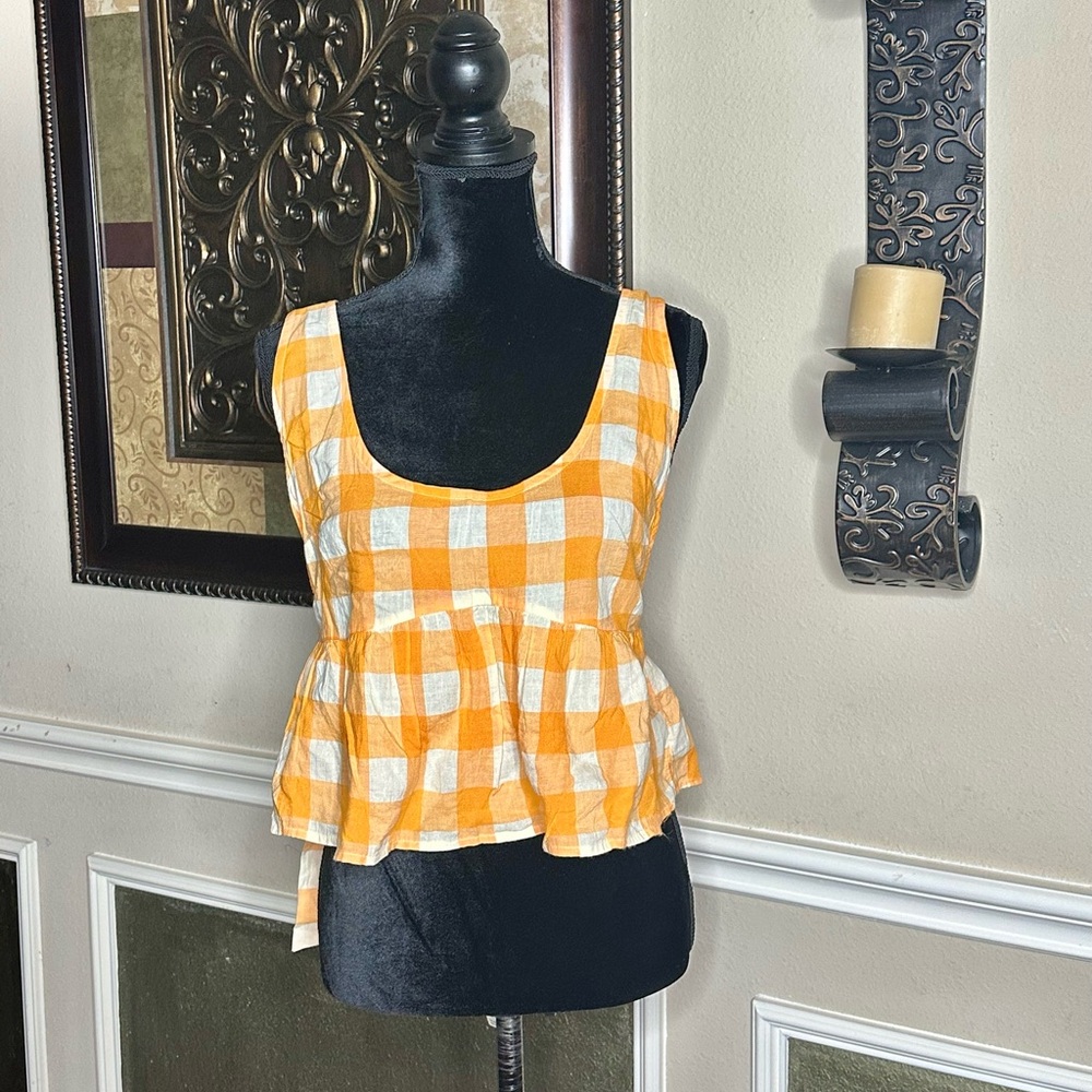 Anthropologie l Open Back Ruffle Tank l Orange Cream Checked l Medium